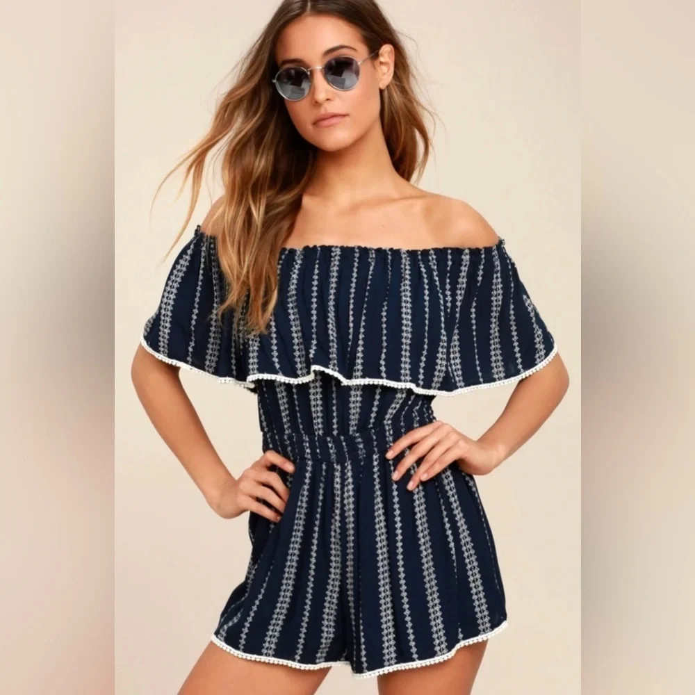 See Ya There Navy Blue Print Off-the-Shoulder Romper size XS - Picture 3 of 9